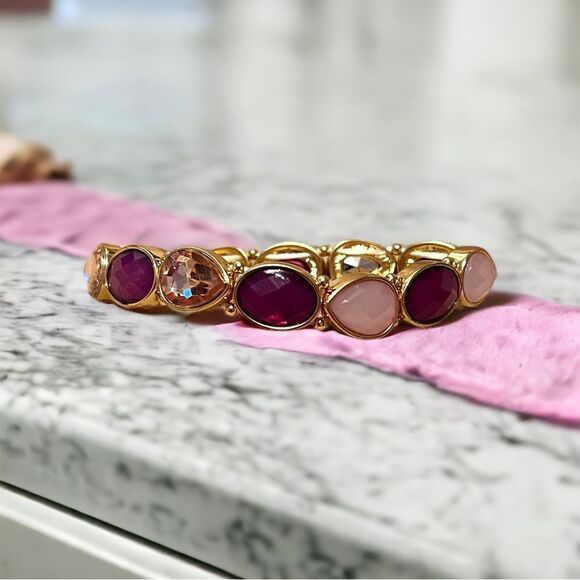 Pink Purple Champagne Rhinestone Gold Tone Stretch Bracelet - Picture 1 of 4